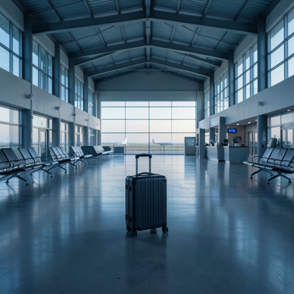 Todesfall im Ausland — feierliche Szene am Flughafen bei Sonnenaufgang