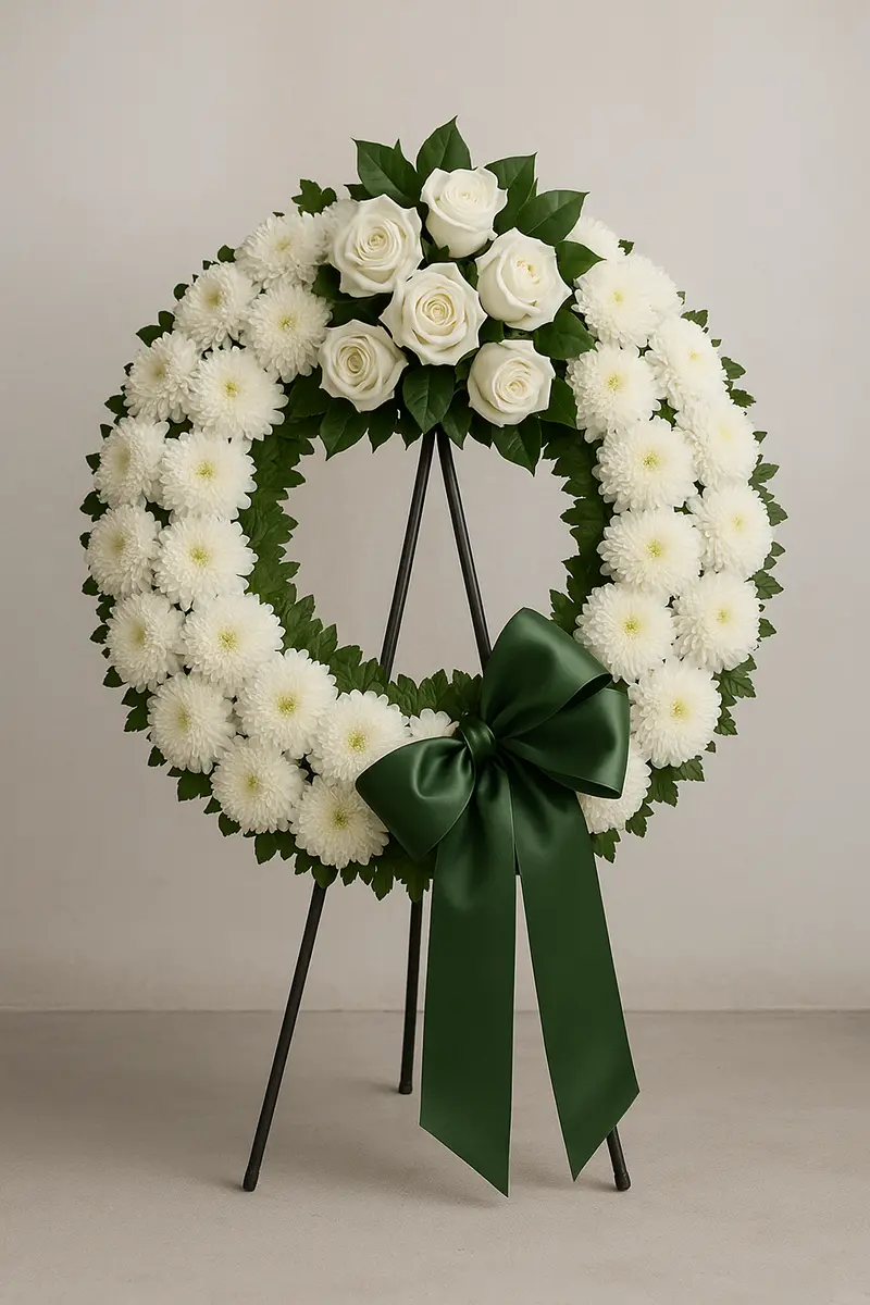 Runder Trauerkranz aus weißen Chrysanthemen mit Schleife