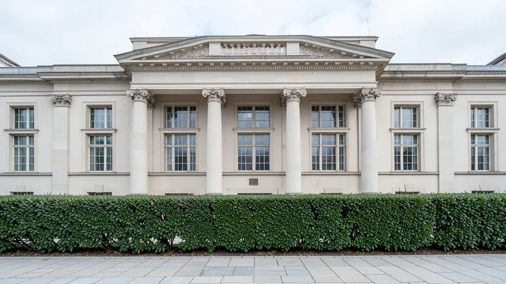 Klassisches deutsches Behördengebäude mit Säulen und Hecke bei Tageslicht
