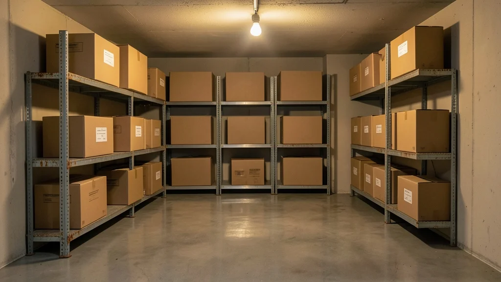 Aufgeräumter Keller mit sortierten Umzugskartons bei Tageslicht